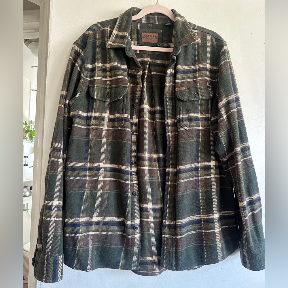 Orvis Men's Olive and Brown Plaid flannel Shirt Jacket